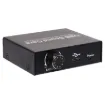A compact USB sound card with mic and headphone connections. Level controls for volume and bass adjustment are provided.
