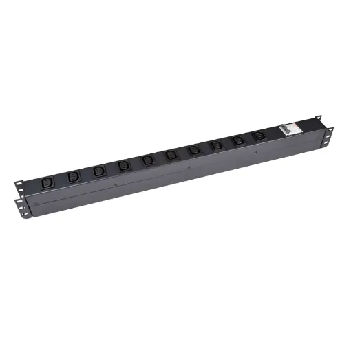 10 Outlet Vertical Power Rail (10A IEC C13) with 6KA C-Curve Circuit Breaker. Integrated 2m power cord (10A IEC C14) 0RU. Colour Black.