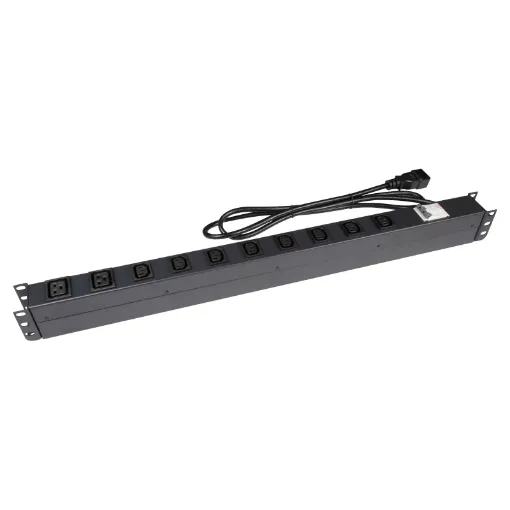 10 Outlet Vertical Power Rail (10A IEC C20) with 6KA C-Curve Circuit Breaker. Integrated 2m power cord (10A IEC C20) 0RU. Colour Black.