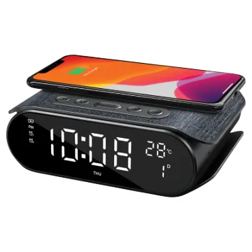 A stylish bedside or desktop radio alarm clock with in-built 15W wireless charging for your phone.