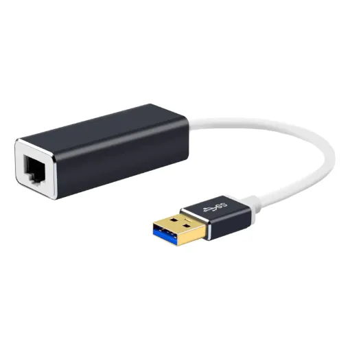 Converts a USB3.0 port into an RJ45 ethernet port for network connection.