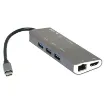 A compact hub providing connection for an external monitor via HDMI up to 4K @ 30Hz. Connects to USB type C devices and provides connection for external peripherals via 3 x USB 3.0 ports, SD card slot, Micro SD card slot, gigabit wired ethernet port and external monitor connection via HDMI.