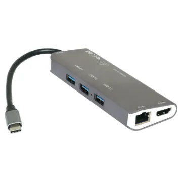 A compact hub providing connection for an external monitor via HDMI up to 4K @ 30Hz. Connects to USB type C devices and provides connection for external peripherals via 3 x USB 3.0 ports, SD card slot, Micro SD card slot, gigabit wired ethernet port and external monitor connection via HDMI.