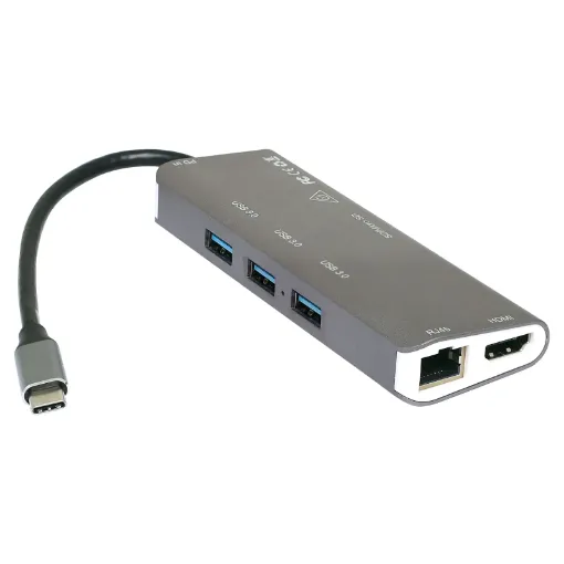 A compact hub providing connection for an external monitor via HDMI up to 4K @ 30Hz. Connects to USB type C devices and provides connection for external peripherals via 3 x USB 3.0 ports, SD card slot, Micro SD card slot, gigabit wired ethernet port and external monitor connection via HDMI.