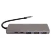 A compact hub providing connection for an external monitor via HDMI up to 4K @ 30Hz. Connects to USB type C devices and provides connection for external peripherals via 3 x USB 3.0 ports, 2 x Type-C ports, SD card slot, Micro SD card slot and external monitor connection via HDMI.