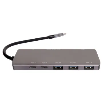 A compact hub providing connection for an external monitor via HDMI up to 4K @ 30Hz. Connects to USB type C devices and provides connection for external peripherals via 3 x USB 3.0 ports, 2 x Type-C ports, SD card slot, Micro SD card slot and external monitor connection via HDMI.