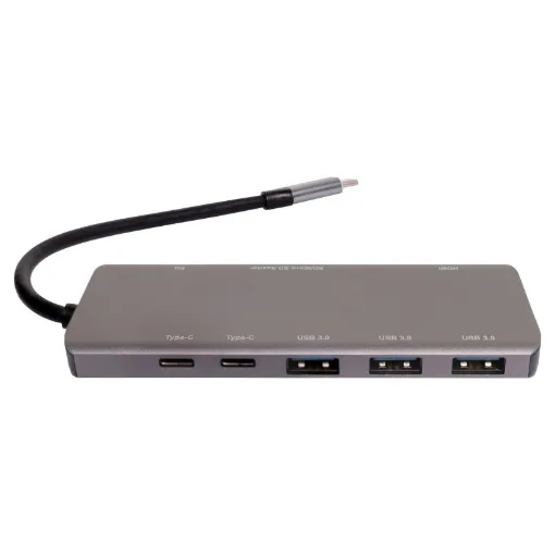 A compact hub providing connection for an external monitor via HDMI up to 4K @ 30Hz. Connects to USB type C devices and provides connection for external peripherals via 3 x USB 3.0 ports, 2 x Type-C ports, SD card slot, Micro SD card slot and external monitor connection via HDMI.