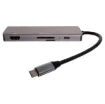 A compact hub providing connection for an external monitor via HDMI up to 4K @ 30Hz. Connects to USB type C devices and provides connection for external peripherals via 3 x USB 3.0 ports, 2 x Type-C ports, SD card slot, Micro SD card slot and external monitor connection via HDMI.