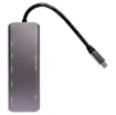 A compact hub providing connection for an external monitor via HDMI up to 4K @ 30Hz. Connects to USB type C devices and provides connection for external peripherals via 3 x USB 3.0 ports, 2 x Type-C ports, SD card slot, Micro SD card slot and external monitor connection via HDMI.