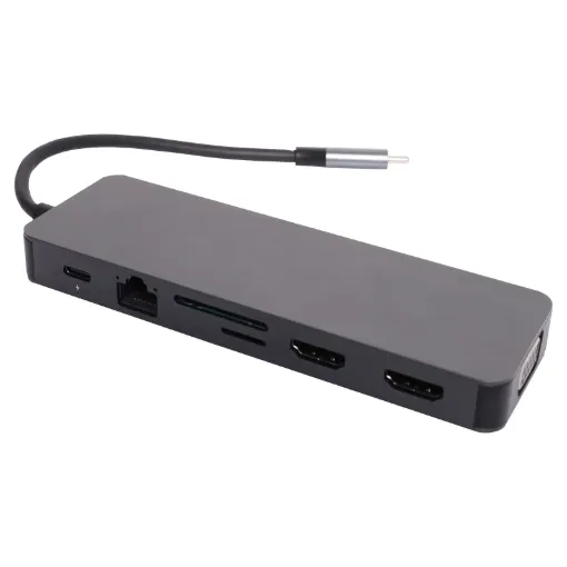 This handy hub features USB C connection to your laptop and provides 4 x USB 3.0 type A ports, USB C port, 2 x HDMI ports, SD/microSD card slot, 3.5mm headphone out, wired gigabit ethernet interface and VGA connection.
