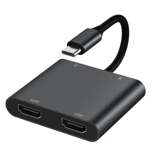 This handy hub features USB C connection to your laptop and provides 2 x HDMI 4K ports, 1 x USB C port and 1 x USB A port. Provides PD pass through charging up to 100W.