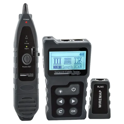 A complete PoE cabling tester with cable tracer receiver, cable length testing,