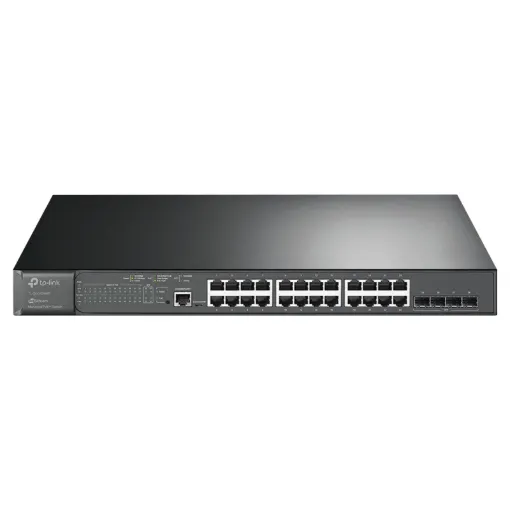 This JetStream 28-Port Gigabit managed switch has 24 ports supporting 802.3at/af-compliant PoE+.  Designed to use a single Ethernet cable for both data and power transmission, it offers flexible deployment for PoE-supported devices such as wireless access points, IP cameras, and IP phones, lowering infrastructure costs for small businesses.