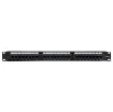 This 1RU panel is fitted with 24 RJ45 Keystone jack ports and features numbered outlets for easy identification. Black finish.  Includes rear cable support bar.