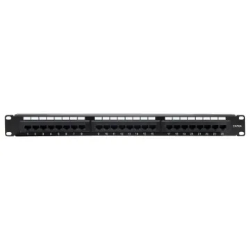 This 1RU panel is fitted with 24 RJ45 Keystone jack ports and features numbered outlets for easy identification. Black finish.  Includes rear cable support bar.