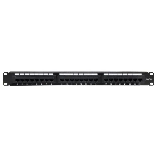 This 1RU panel is fitted with 24 RJ45 Keystone jack ports and features numbered outlets for easy identification. Black finish.  Includes rear cable support bar.