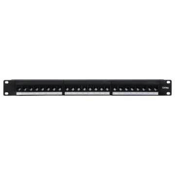 This 1RU panel is fitted with 24 RJ45 "back to back" coupler ports for tool free cable termination. Port numbers fields can be written on and fitted securely behind a clear lexan. Black finish. Includes rear cable support bar with earthing strap.