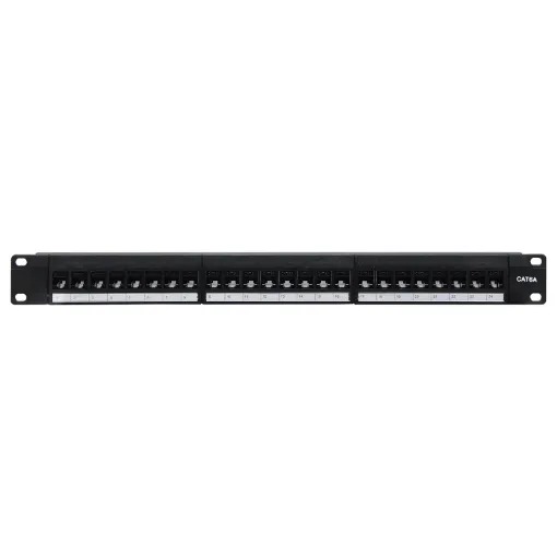 This 1RU panel is fitted with 24 RJ45 "back to back" coupler ports for tool free cable termination. Port numbers fields can be written on and fitted securely behind a clear lexan. Black finish. Includes rear cable support bar with earthing strap.