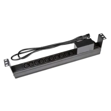 10 Outlet Horizontal Power Rail (10A IEC C13) with 6KA C-Curve Circuit Breaker. Integrated 2m power cord (10A IEC C14) 1RU.