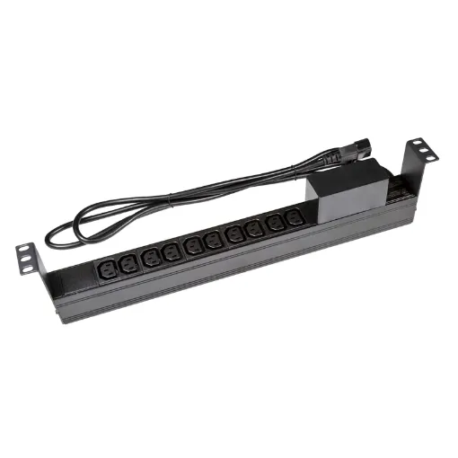 10 Outlet Horizontal Power Rail (10A IEC C13) with 6KA C-Curve Circuit Breaker. Integrated 2m power cord (10A IEC C14) 1RU.