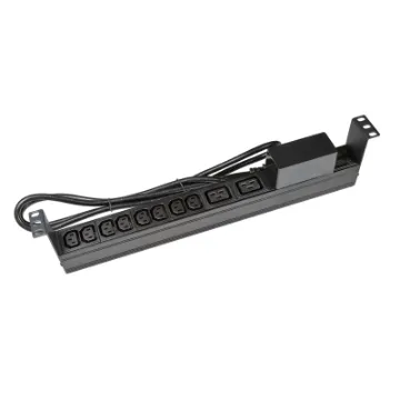 10 Outlet Horizontal Power Rail (8x 10A IEC C13 & 2x 16A IEC C19) with 6KA C-Curve Circuit Breaker. Integrated 2m power cord (16A IEC C20) 1RU. Colour Black.