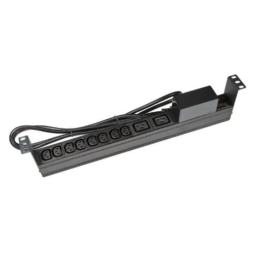 10 Outlet Horizontal Power Rail (8x 10A IEC C13 & 2x 16A IEC C19) with 6KA C-Curve Circuit Breaker. Integrated 2m power cord (16A IEC C20) 1RU. Colour Black.