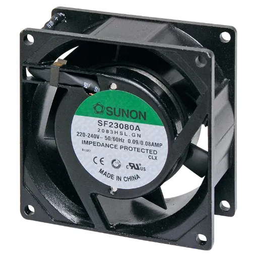 Sunon SF23080A-2083HSL.GN. A 240V AC 80mm Sunon Sleeve Bearing Cooling Fan with die cast aluminium frame.