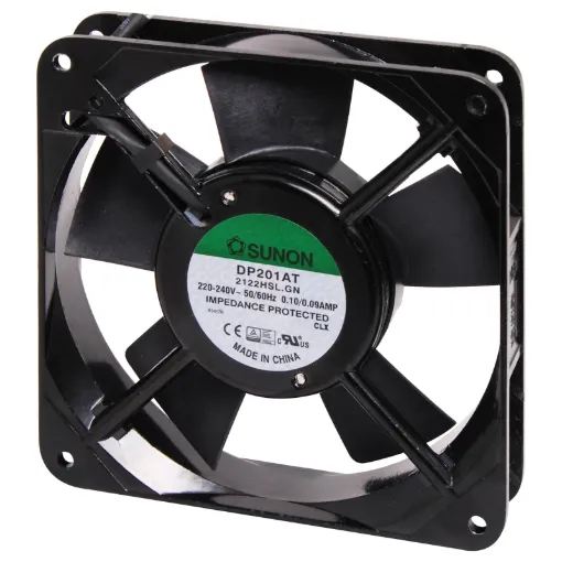 Sunon DP201AT-2122HSL.GN. A 240V AC 120mm Sunon Sleeve Bearing Cooling Fan with diecast aluminium frame.