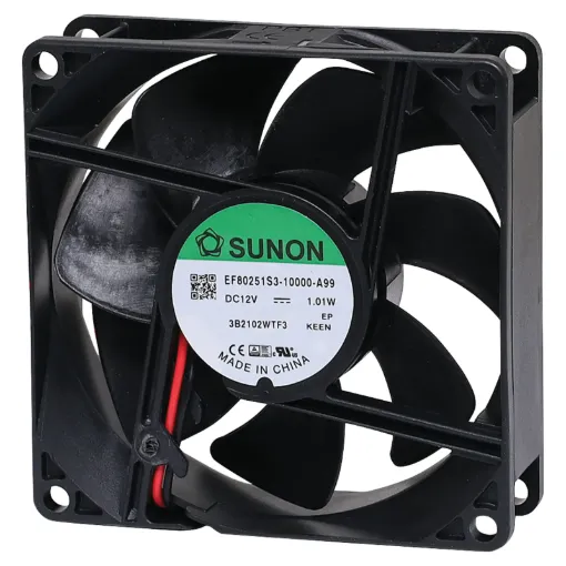 Sunon EF80251S3-1000U-A99. A 12V DC 80mm Sunon Sleeve Bearing Cooling Fan with thermoplastic frame.