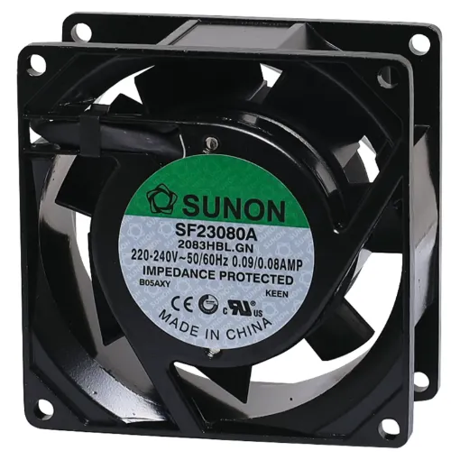 Sunon SF23080A-2083HBL.GN. A 240V AC 80mm Sunon Ball Bearing Cooling Fan with diecast aluminium frame.