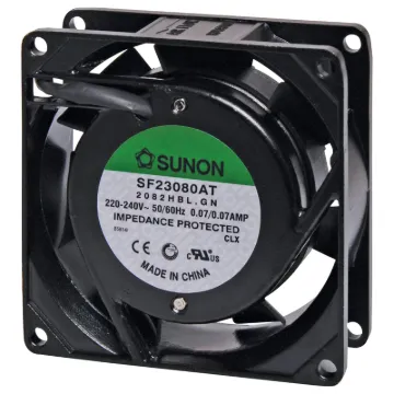 Sunon SF23080AT-2082HBL.GN. A 240V AC 80mm Sunon Ball Bearing Cooling Fan with diecast aluminium frame.