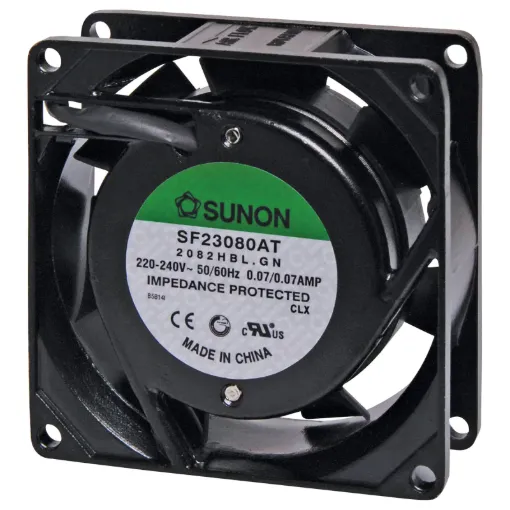 Sunon SF23080AT-2082HBL.GN. A 240V AC 80mm Sunon Ball Bearing Cooling Fan with diecast aluminium frame.