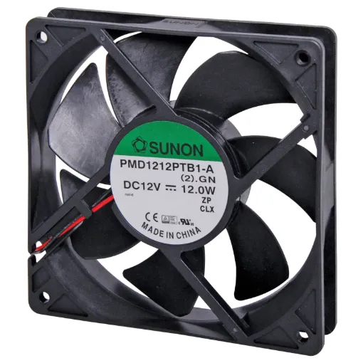 Sunon PMD1212PTB1-A(2).GN. A 12V DC 120mm Sunon Ball Bearing Cooling Fan with thermoplastic frame.