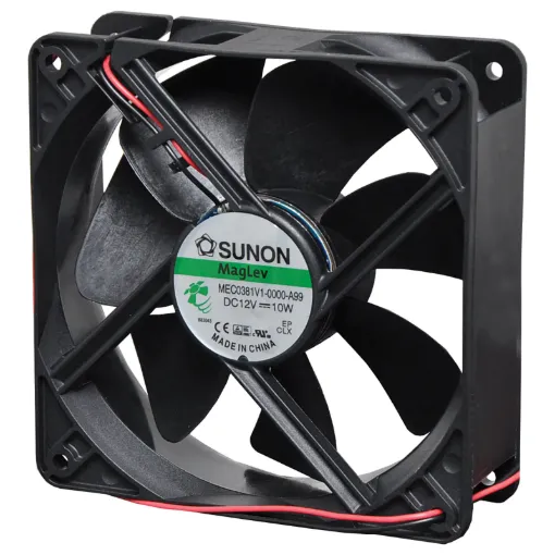 Sunon MEC0381V1-000U-A99. A 12V DC 120mm Sunon Maglev/Vapo Bearing Cooling Fan with thermoplastic frame.