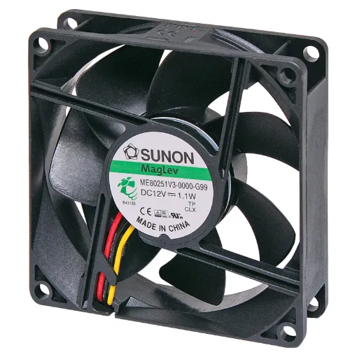 Sunon MF80251V3-1000U-G99. A 12V DC 80mm Sunon Maglev/Vapo Bearing 3 Wire Cooling Fan with thermoplastic frame.