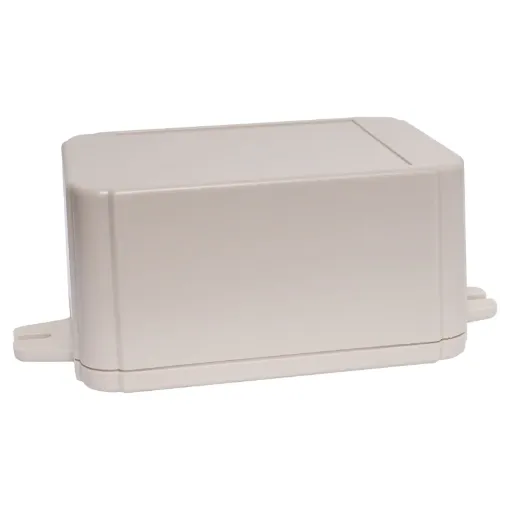 This range of low cost 
ABS enclosures include mounting ears for surface mounting. In addition, they include a shallow recess on the base and lid to house a membrane or lexan panel. Moulded mounting posts are included in both the base and lid for securin