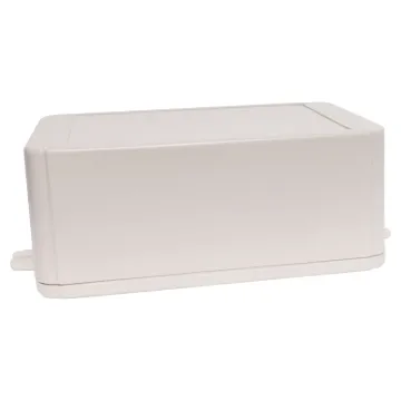 This range of low cost 
ABS enclosures include mounting ears for surface mounting. In addition, they include a shallow recess on the base and lid to house a membrane or lexan panel. Moulded mounting posts are included in both the base and lid for securin