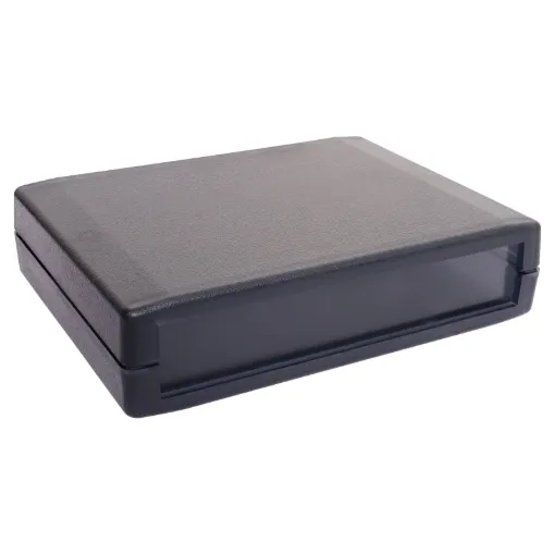 A mini instrument case (105W x 80D x 33Hmm) constructed from translucent black ABS plastic. 4 piece tongue and groove construction. Enclosure panels are easily customisable for your project.