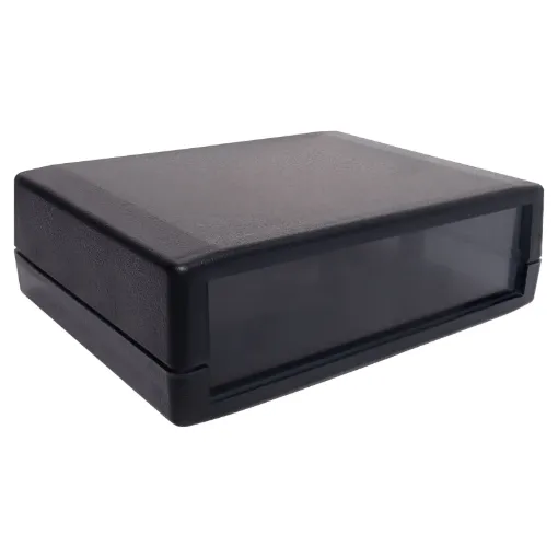 A mini instrument case (105W x 80D x 33Hmm) constructed from translucent black ABS plastic. 4 piece tongue and groove construction. Enclosure panels are easily customisable for your project.