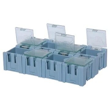 Spring loaded tops. Includes 8 interlocking compartments that can be expanded to store as much as you need! 
Compartment size: 24.5x31x22mm.