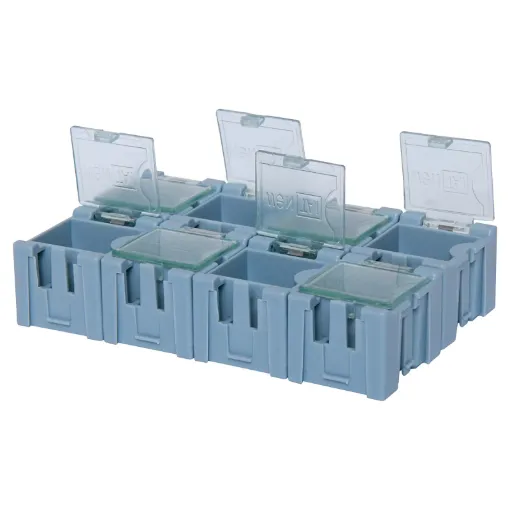 Spring loaded tops. Includes 8 interlocking compartments that can be expanded to store as much as you need! 
Compartment size: 24.5x31x22mm.