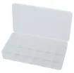 Made from clear see through plastic these parts cases are ideal for storing nuts, bolts, washers and components.
18 Way 209 x 117 x 31 (mm)