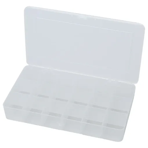 Made from clear see through plastic these parts cases are ideal for storing nuts, bolts, washers and components.
18 Way 209 x 117 x 31 (mm)