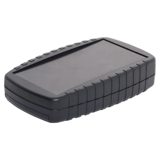 Stylish ABS handheld case with front panel lexan area (64 x 119mm). The slightly tapered design fits comfortably within the hand making it the ideal enclosure for remote control applications. H 0287 include inbuilt battery compartment which suits 4 x AA b
