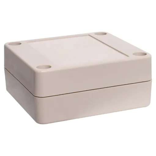 A compact 65x60x28mm sealed box enclosure fitted with solid grey lid. Manufactured by Ritec. Supplied with neoprene lid sealing gasket. With the seal installed, these enclosures meet IP65 dust and hose proof standard. PCB mounting points are moulded into the enclosure base.