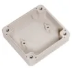A compact 65x60x28mm sealed box enclosure fitted with solid grey lid. Manufactured by Ritec. Supplied with neoprene lid sealing gasket. With the seal installed, these enclosures meet IP65 dust and hose proof standard. PCB mounting points are moulded into the enclosure base.