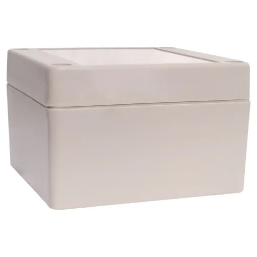 Supplied with neoprene lid sealing gasket. With the seal installed, these enclosures meet IP65 dust and hose proof standard. Supplied with a solid light grey lid (also available with a transparent lid, see H 0322). PCB mounting points are moulded into the