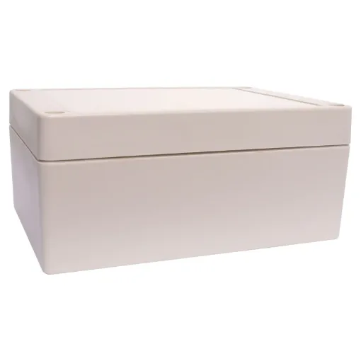 Supplied with neoprene lid sealing gasket. With the seal installed, these enclosures meet IP65 dust and hose proof standard. Supplied with a solid light grey lid (also available with a transparent lid, see H 0324). PCB mounting points are moulded into the
