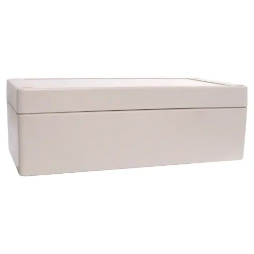 Supplied with neoprene lid sealing gasket. With the seal installed, these enclosures meet IP65 dust and hose proof standard. Supplied with a solid light grey lid (also available with a transparent lid, see H 0326). PCB mounting points are moulded into the