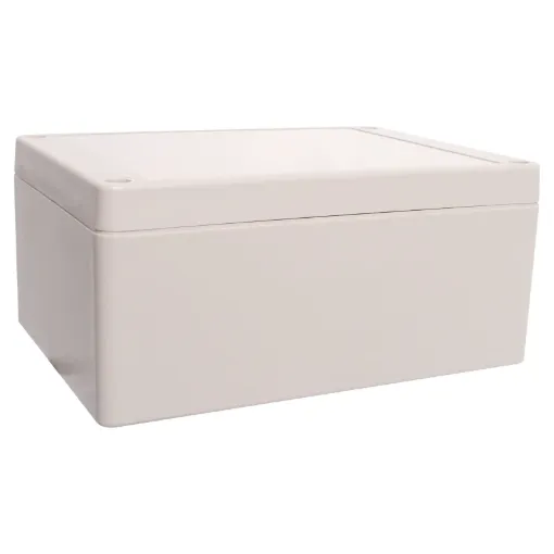 Supplied with neoprene lid sealing gasket. With the seal installed, these enclosures meet IP65 dust and hose proof standard. Supplied with a solid light grey lid (also available with a transparent lid, see H 0320). PCB mounting points are moulded into the
